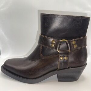 NEW Sun Stone Women‎ Brown Leather Harness Buckle Ankle Boots Square Toe Biker